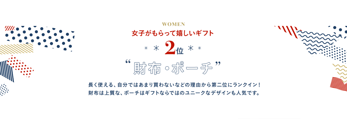 2位 財布・ポーチ 長く使える、自分ではあまり買わないなどの理由から第二位にランクイン！財布は上質な、ポーチはギフトならではのユニークなデザインも人気です。