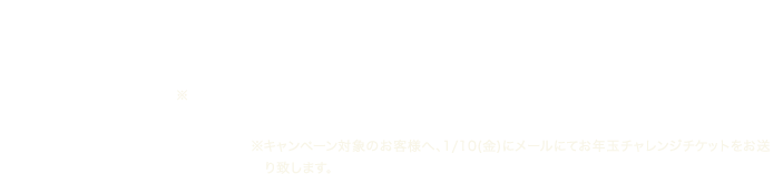 キャンペーン期間：12月31日 0:00 - 1月7日 13:00 チャレンジ期間：1月10日 12:00 - 1月15日 23:59 ※キャンペーン対象のお客様へ、1/10(金)にメールにてお年玉チャレンジチケットをお送り致します。
